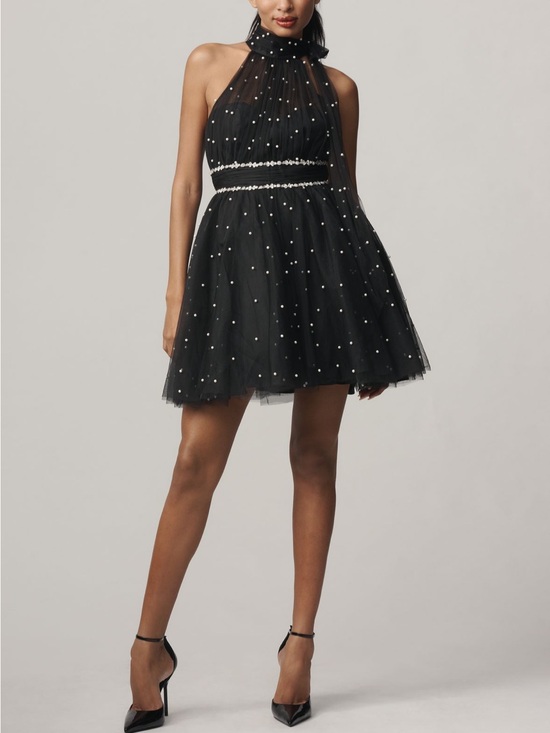 Mac Duggal Dresses & Skirts - Mac Duggal Black Halter Tulle Mini Dress with Pearl Dot Accents
